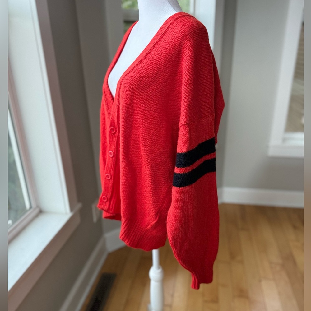 Vintage Lands’ End Red Orange Black Striped V Neck Wool Cardigan Sweater Sz M - Picture 6 of 8
